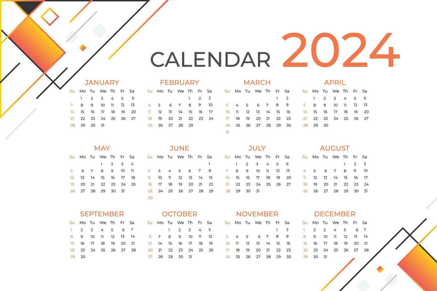 Modern 2024 new year calendar design template. Minimalist style calendar. Week starts on Sunday vector