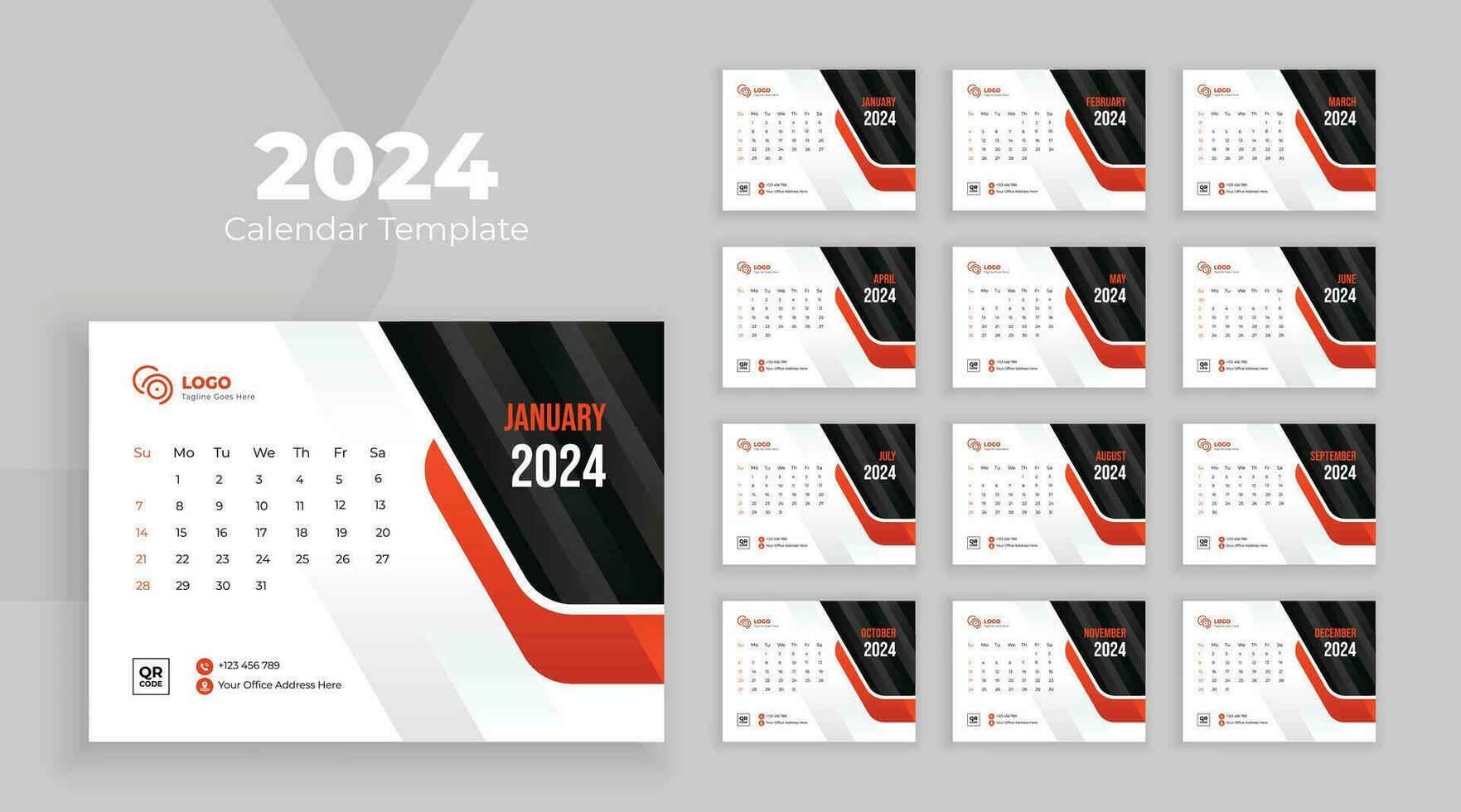 Desk Calendar Template 2024. Week start on Sunday vector