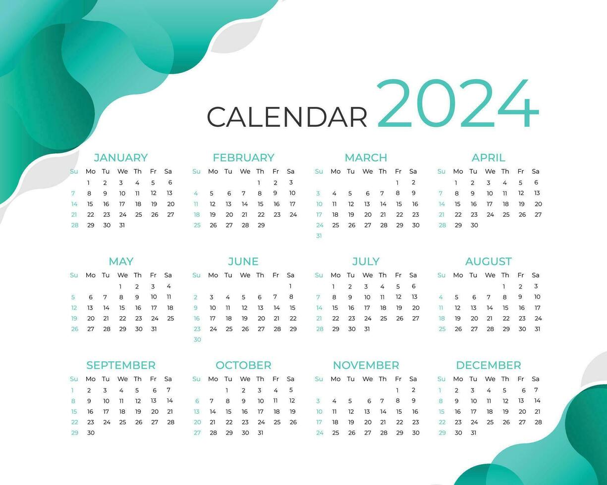 Simple calendar for 2024 year. vector template. desk calendar, Week starts from Sunday