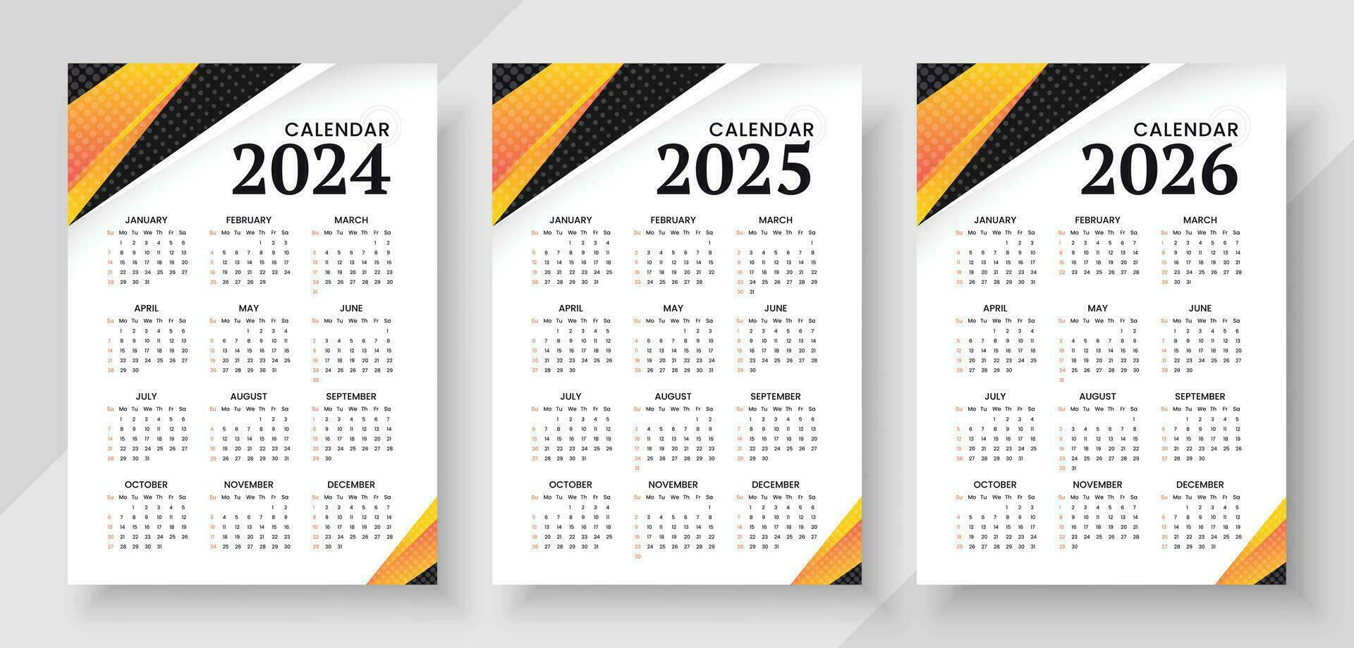 Calendar 2024, calendar 2024 and calendar 2026 week start Sunday corporate design planner template. Wall calendar in a minimalist style vector