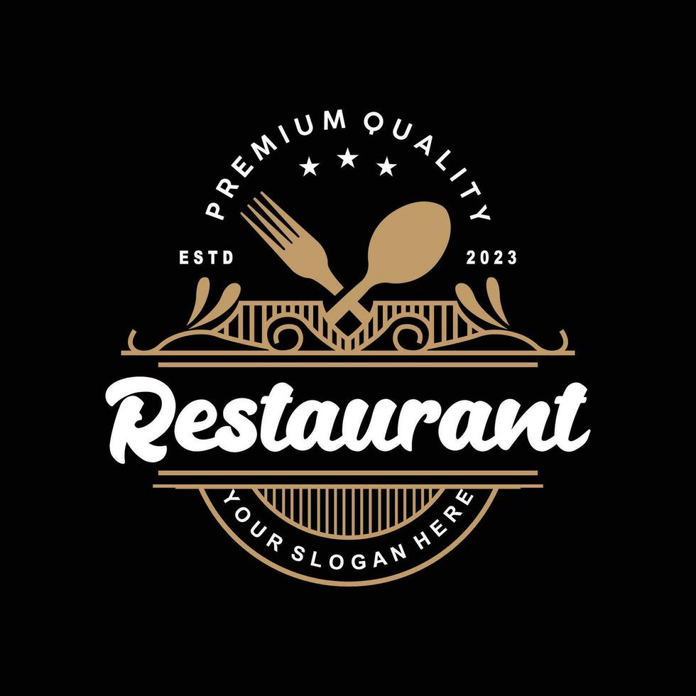 Retro Vintage Style Ornament Design, Logo Retro Restaurant Typography Emblem, Vector Line Simple Elegant Fork Spoon And Knife