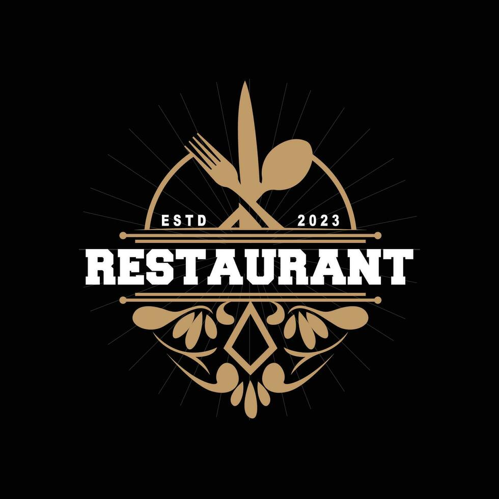 Retro Vintage Style Ornament Design, Logo Retro Restaurant Typography Emblem, Vector Line Simple Elegant Fork Spoon And Knife