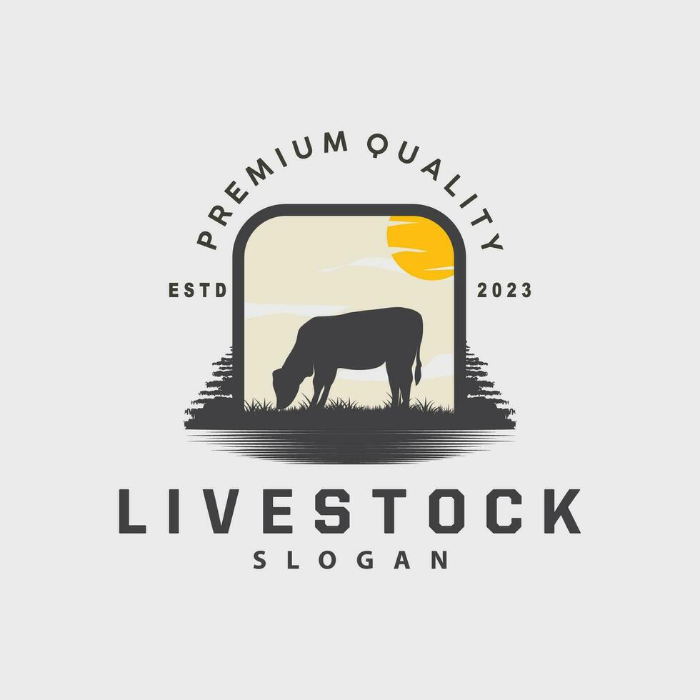 Livestock Logo, Fram Garden Design, Cow Logo Vector Badge Longhorn Bull Cattle Vintage Label Template