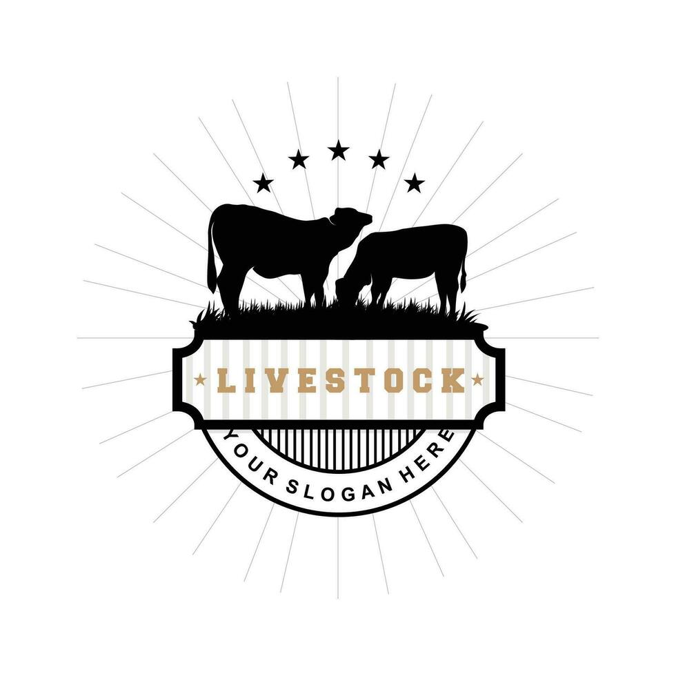 Livestock Logo, Fram Garden Design, Cow Logo Vector Badge Longhorn Bull Cattle Vintage Label Template