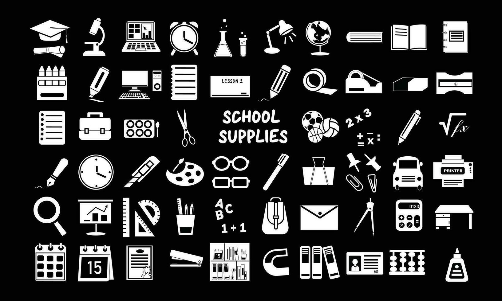 colegio suministros icono vector colocar. espalda a colegio concepto. Bienvenido espalda a colegio antecedentes. aprendizaje y educación concepto. plano vector en negro aislado en blanco antecedentes.