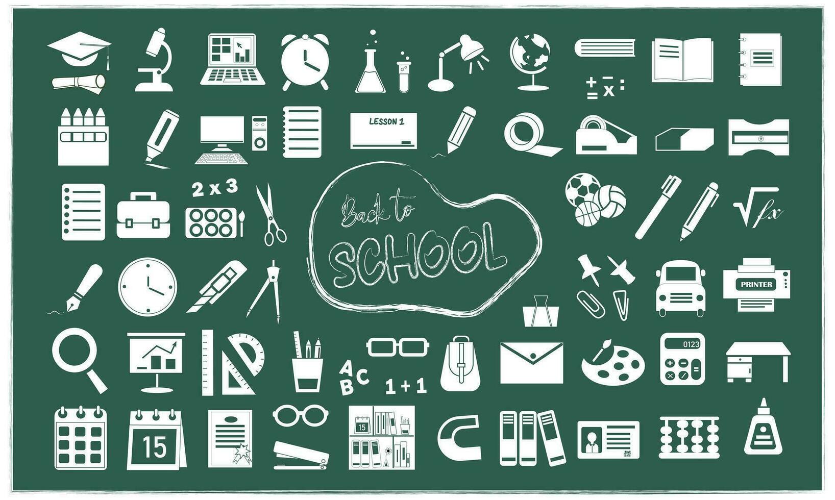 School supplies icon vector set. Back to school concept. Welcome back to school background. Learning and education concept. Flat vector in black isolated on white background.