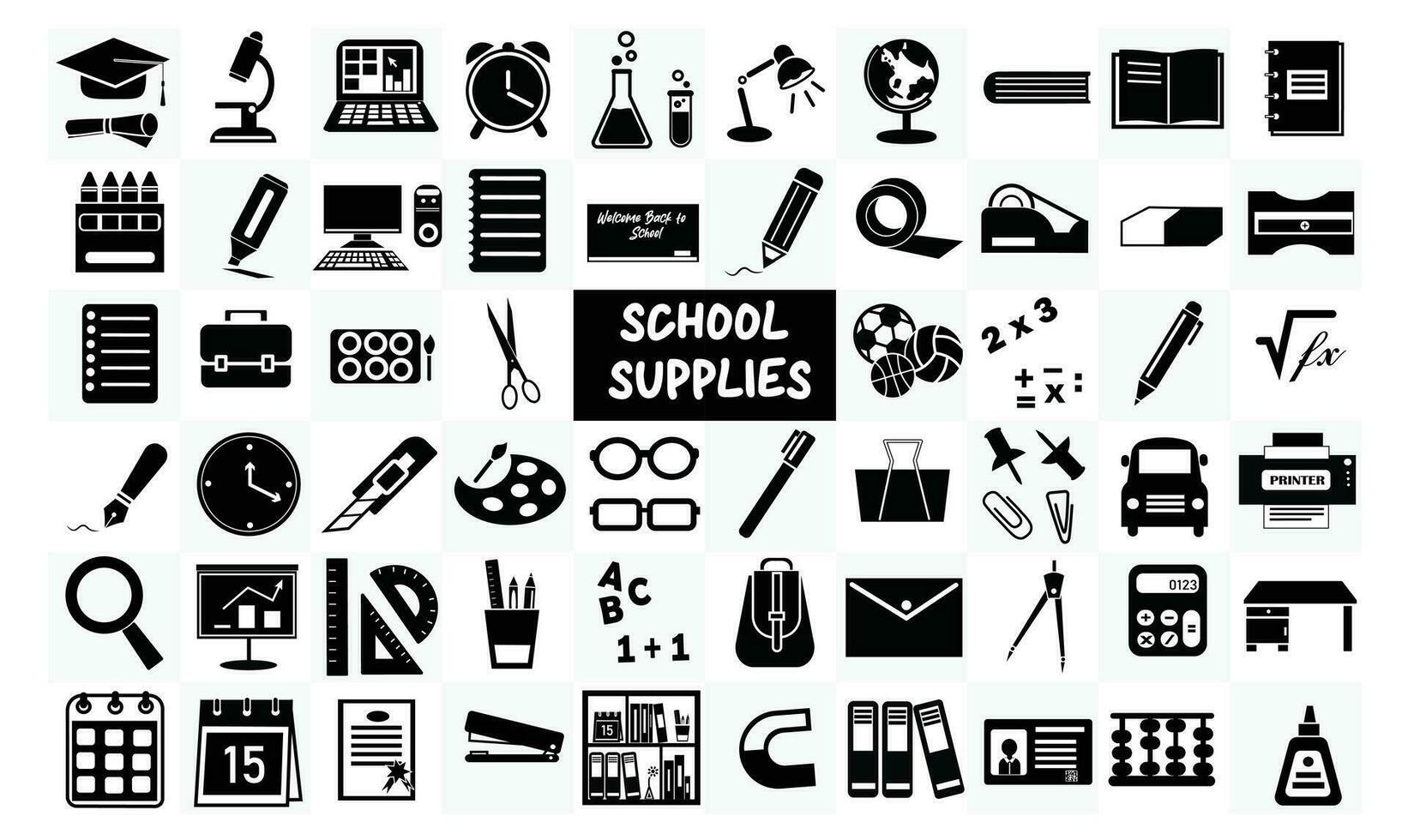 School supplies icon vector set. Back to school concept. Welcome back to school background. Learning and education concept. Flat vector in black isolated on white background.