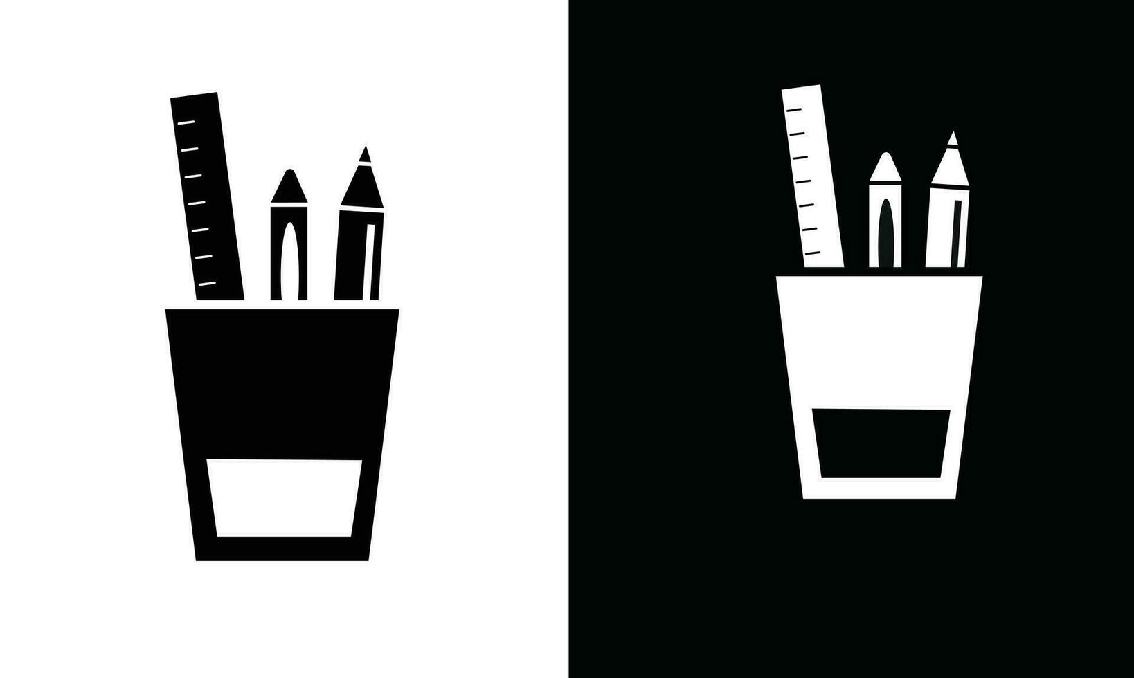 Pencil cup, pen holder icon vector. Pencil pot icon. Pen cup silhouette. School supplies icon vector. Back to school concept. Learning and education icon. Flat vector in black and white.