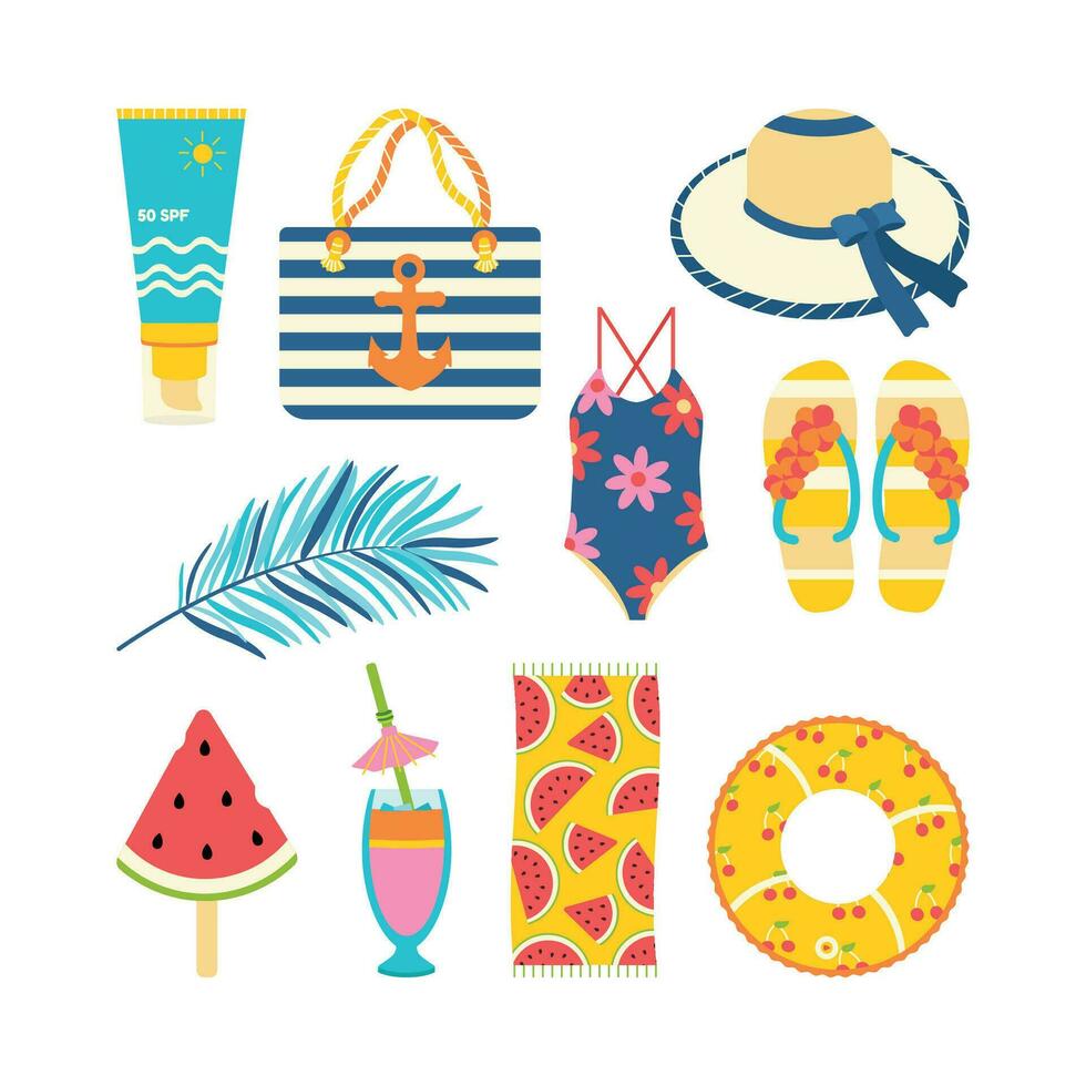 Beach set for summer trips. Sun cream, bag, hat, cocktail, swimsuit, slippers, flip-flops, inflatable circle. vector