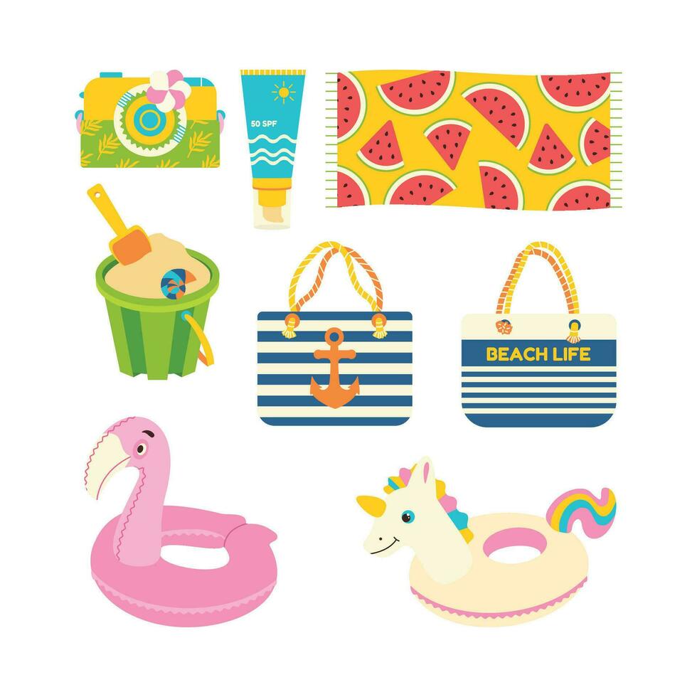 Beach set for summer trips. Sun cream, bag, towel, bucket, sand, camera, inflatable circle, flamingo, unicorn. vector