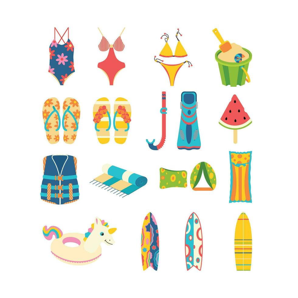 Beach set for summer trips. Swimsuit, snorkeling,  inflatable cuffs, mattress, circle, unicorn, surfboard. vector