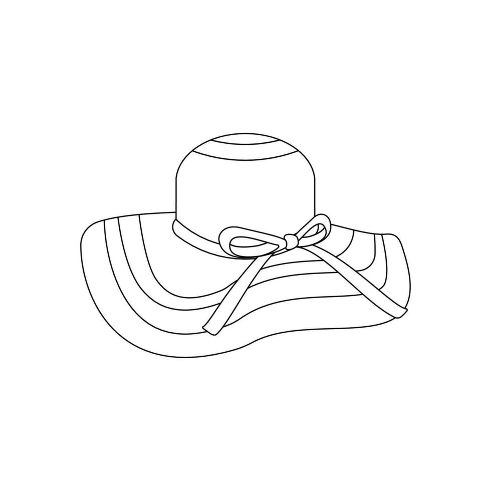 Beach hat with flowers on a ribbon. Beach set for summer trips. Vacation accessories for sea vacations. Line art. vector