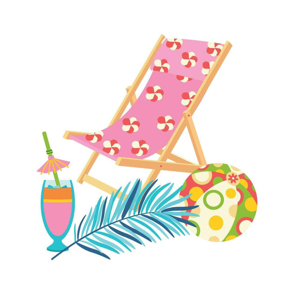 Beach set for summer trips. Cocktail, chair, sunbed, slippers, palm leaves. vector