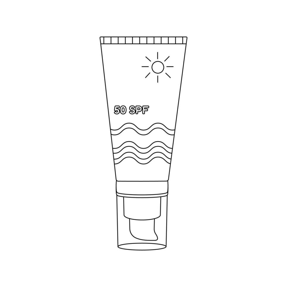 Beach set for summer trips. Vacation accessories for sea vacations. Sun cream, 30 spf. Line art. vector