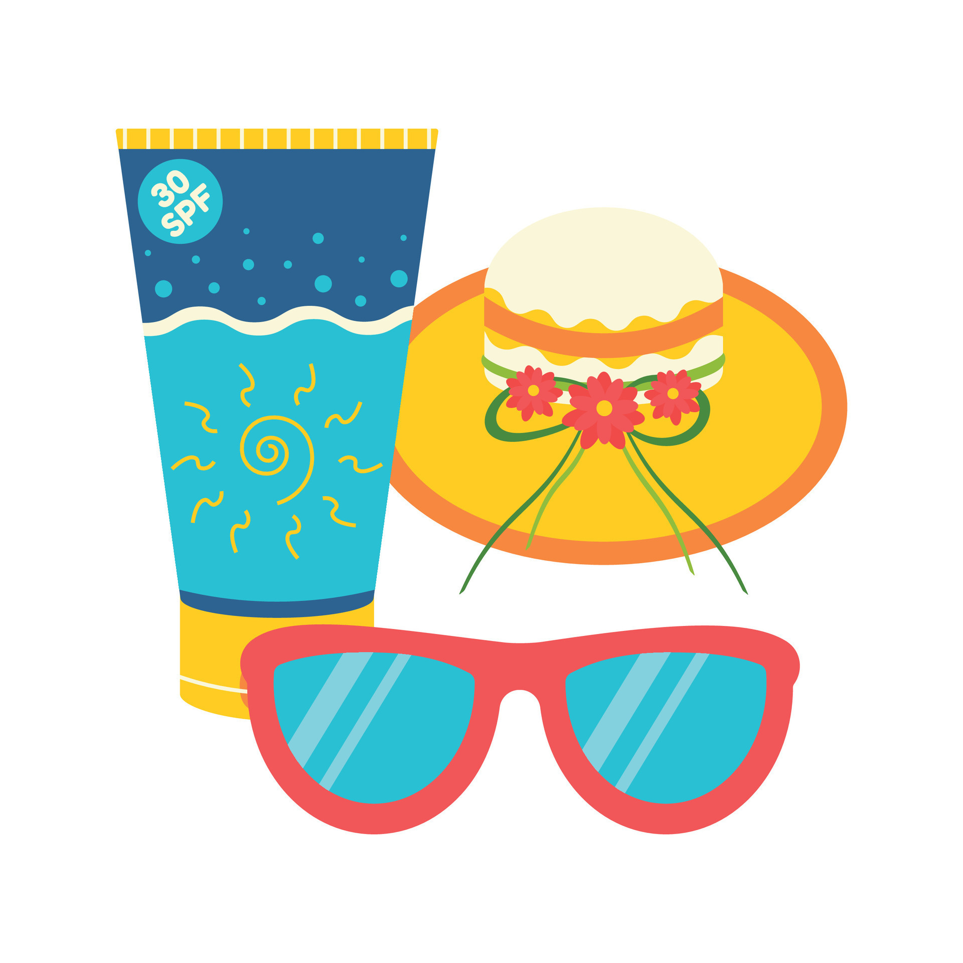 Beach set for summer trips. Sun cream, hat, sunglasses. 26320241 Vector