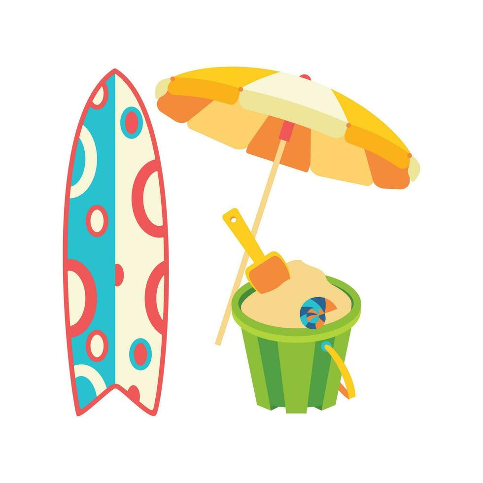 Beach set for summer trips. Bucket, sand, umbrella, surfboard. vector
