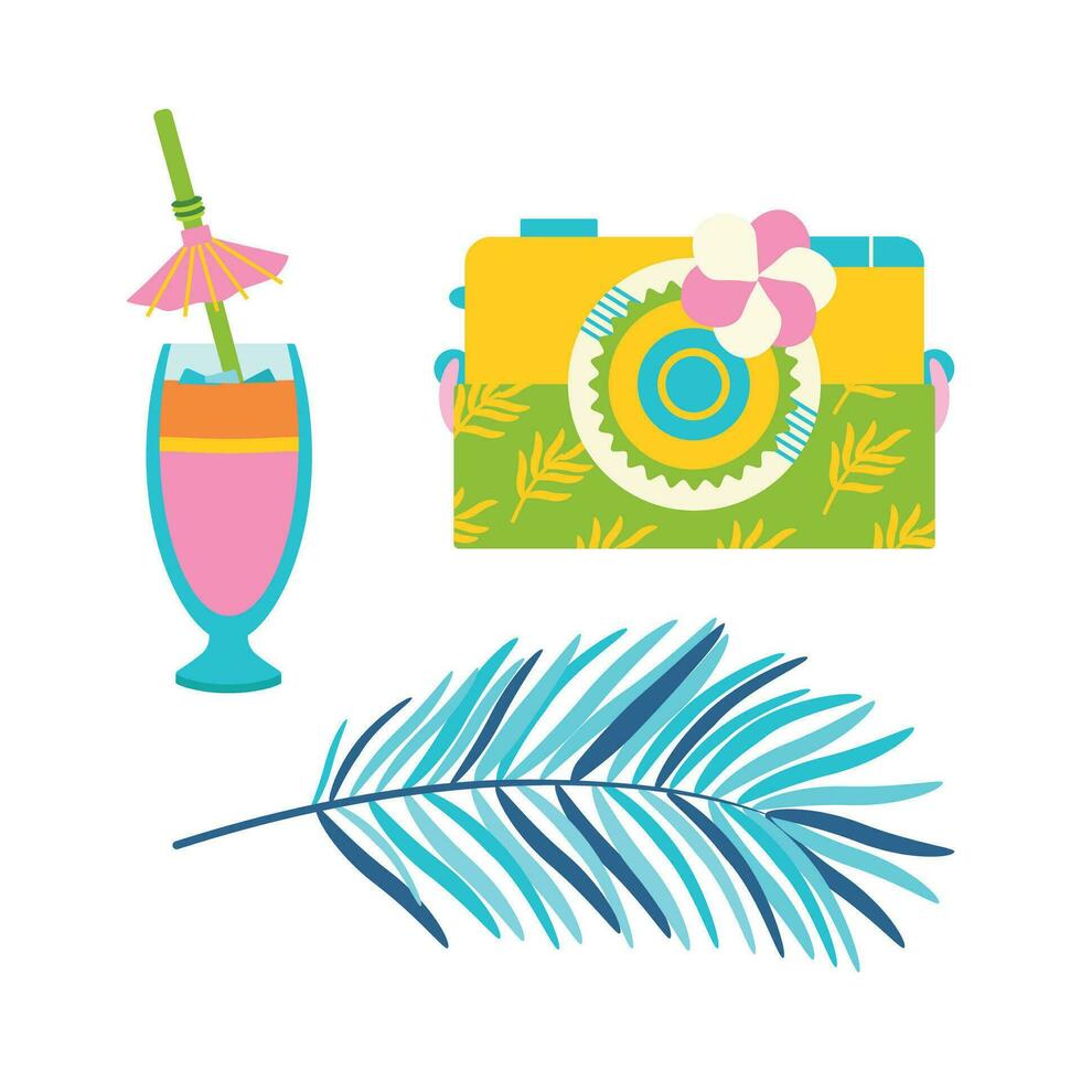 Beach set for summer trips. Cocktail coconut, camera, palm leaves. vector