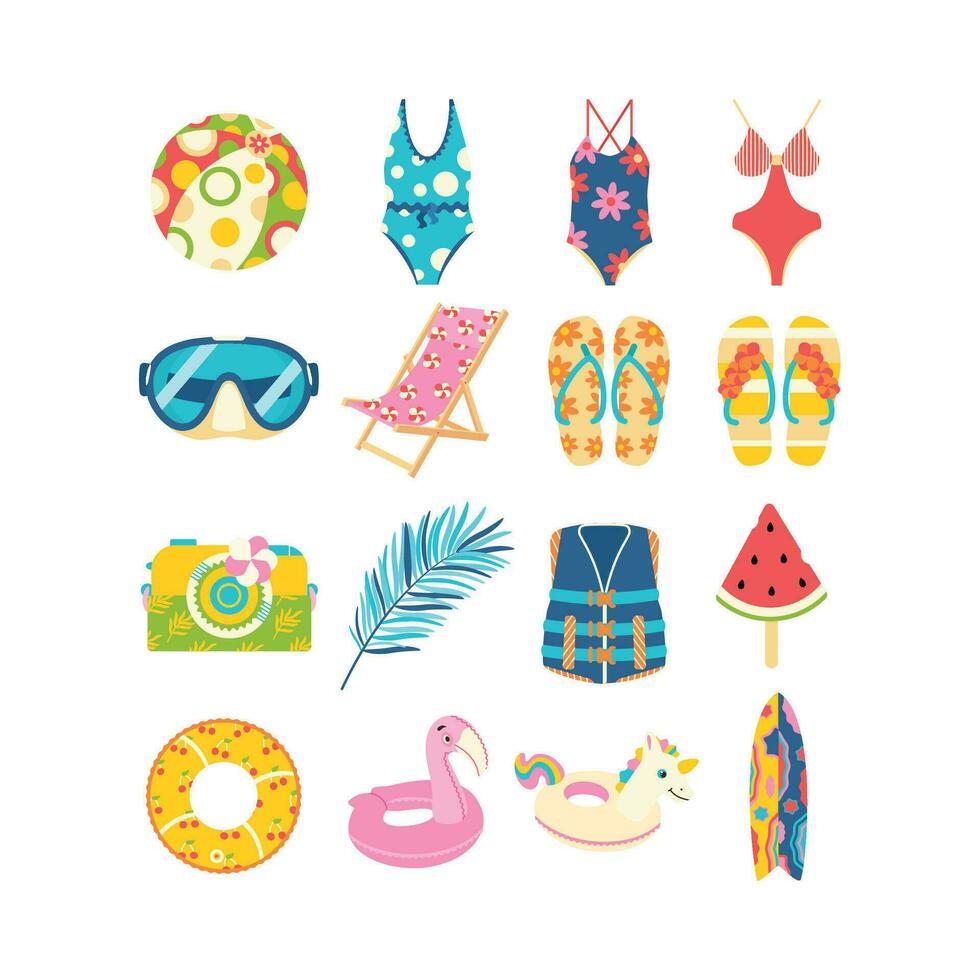 Beach set for summer trips. Swimsuit, flip-flops, camera, inflatable circle, flamingo, unicorn, surfboard. vector