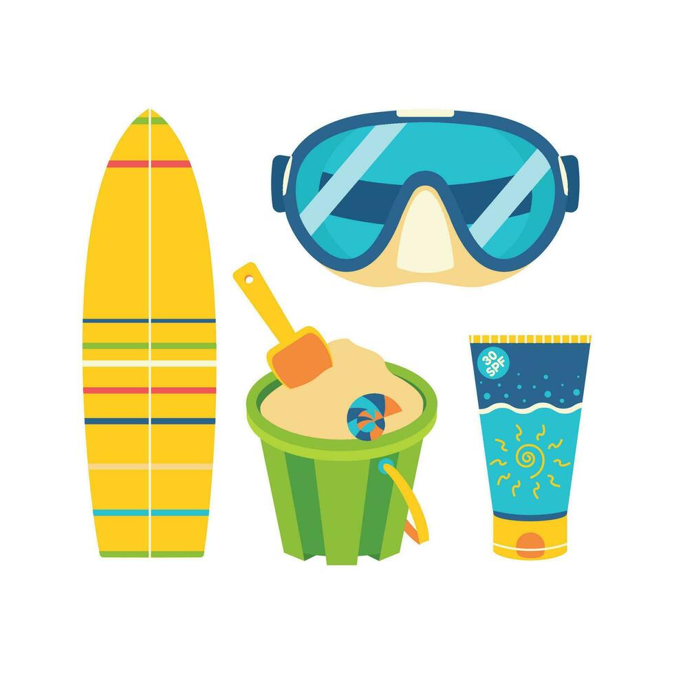 playa conjunto para verano excursiones. Dom crema, balde, arena, mascarilla, escafandra autónoma buceo, bucear, tabla de surf. vector