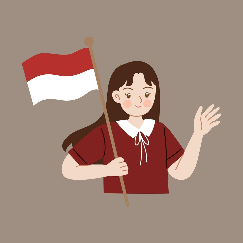 Indonesia independence day cartoon character holding flag vector