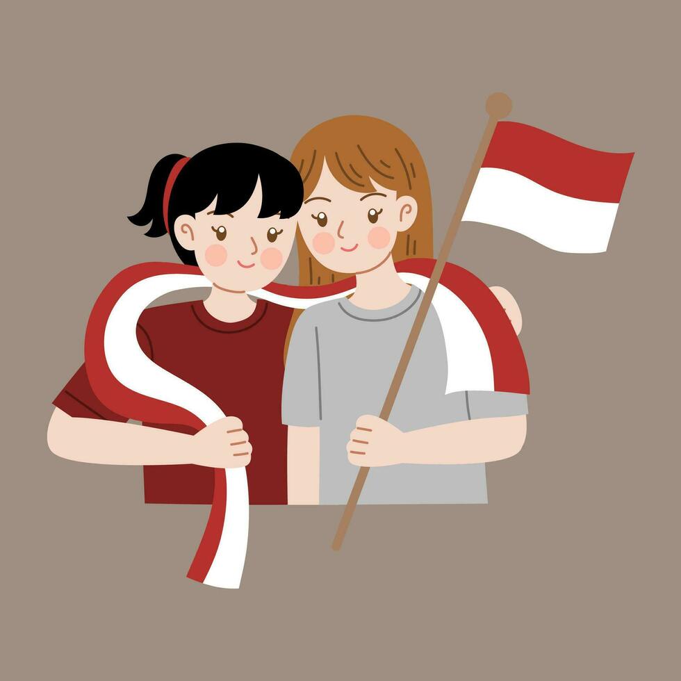 Indonesia independence day cartoon character holding flag vector