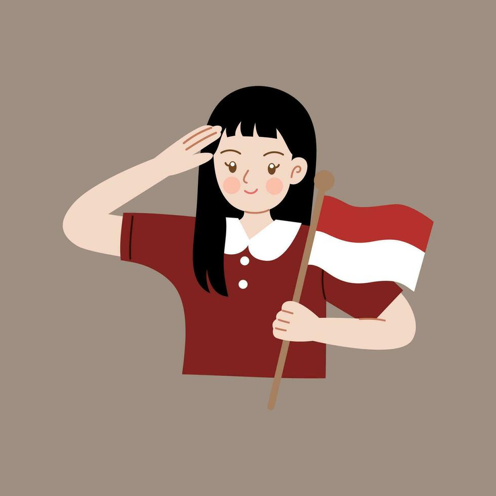 Indonesia independence day cartoon character holding flag vector