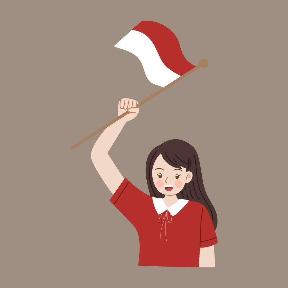 Indonesia independence day cartoon character holding flag vector