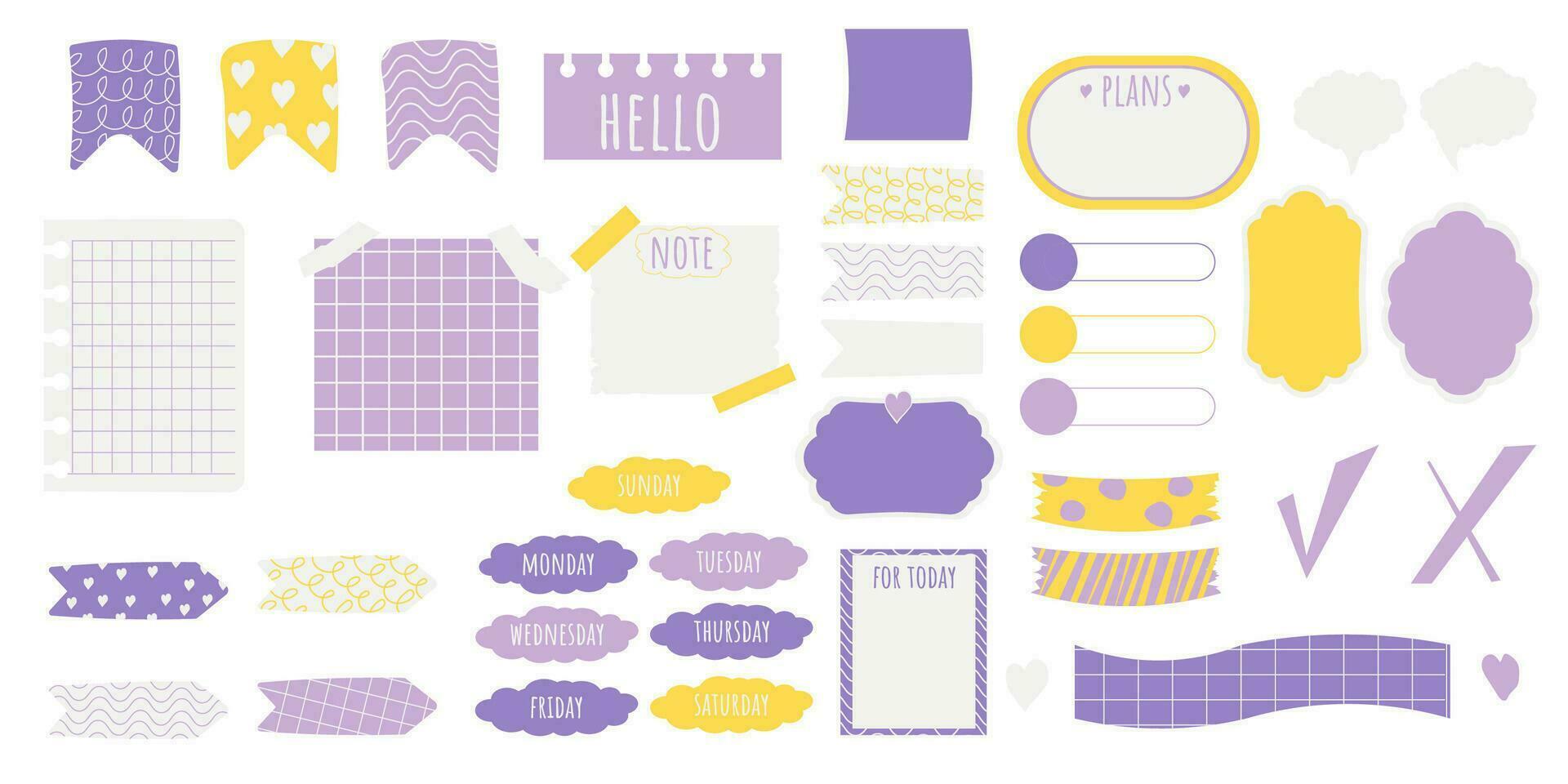 Set planner stickers, bookmarks and elements doodle cartoon style, bright trendy isolated on white background. Vector illustration