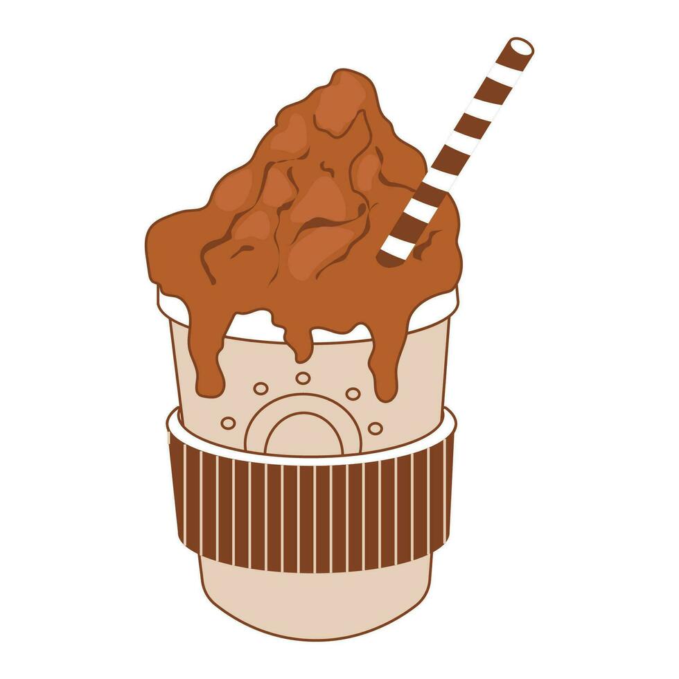 Pumpkin spiced latte with cream, tube in paper cup, cozy warm autumn coffee beverage in doodle style isolated on white background. Vector illustration