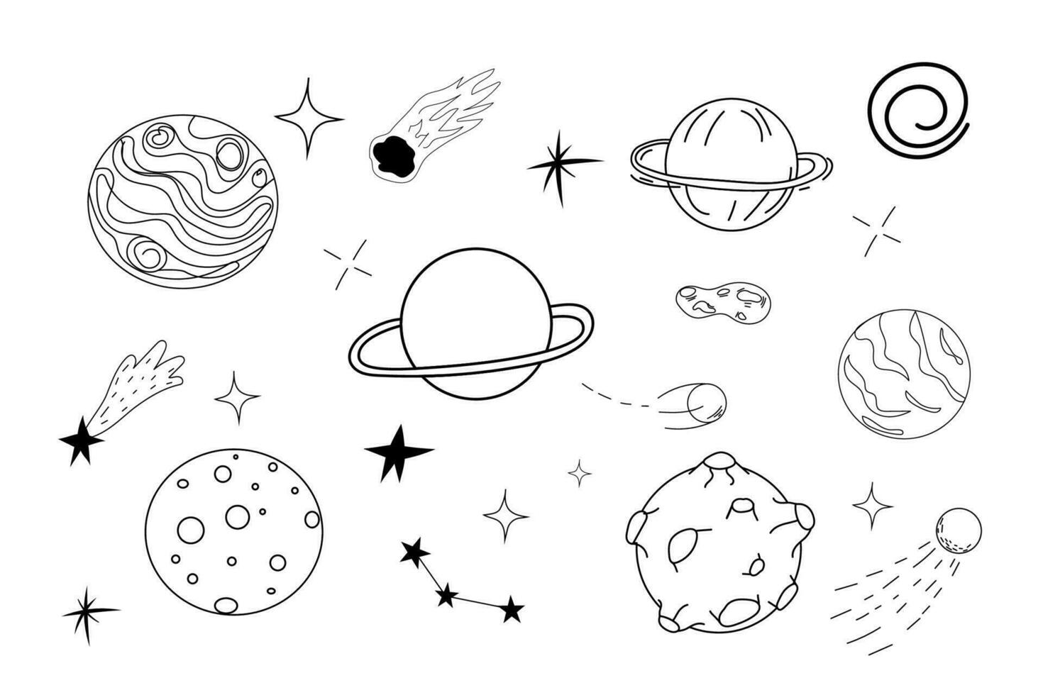 Set planets space elements, stars, meteorite in doodle style. Galaxy icons, simple design. Vector illustration