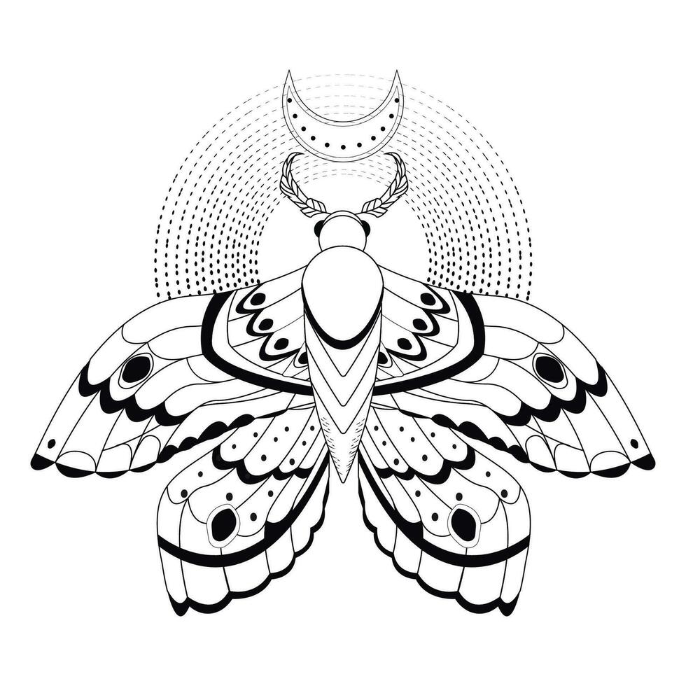 Magic mystic moth in doodle style, line art isolated, boho celestial esoteric symbol, tatoo or print. Vector illustration