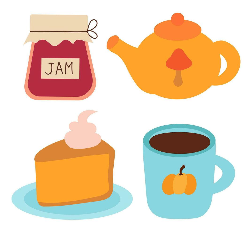 Cute tea time with pumpkin pie. Teapot, hot cup of tea or coffee, berries jam. Cozy autumn home. Cartoon flat vector illustration.