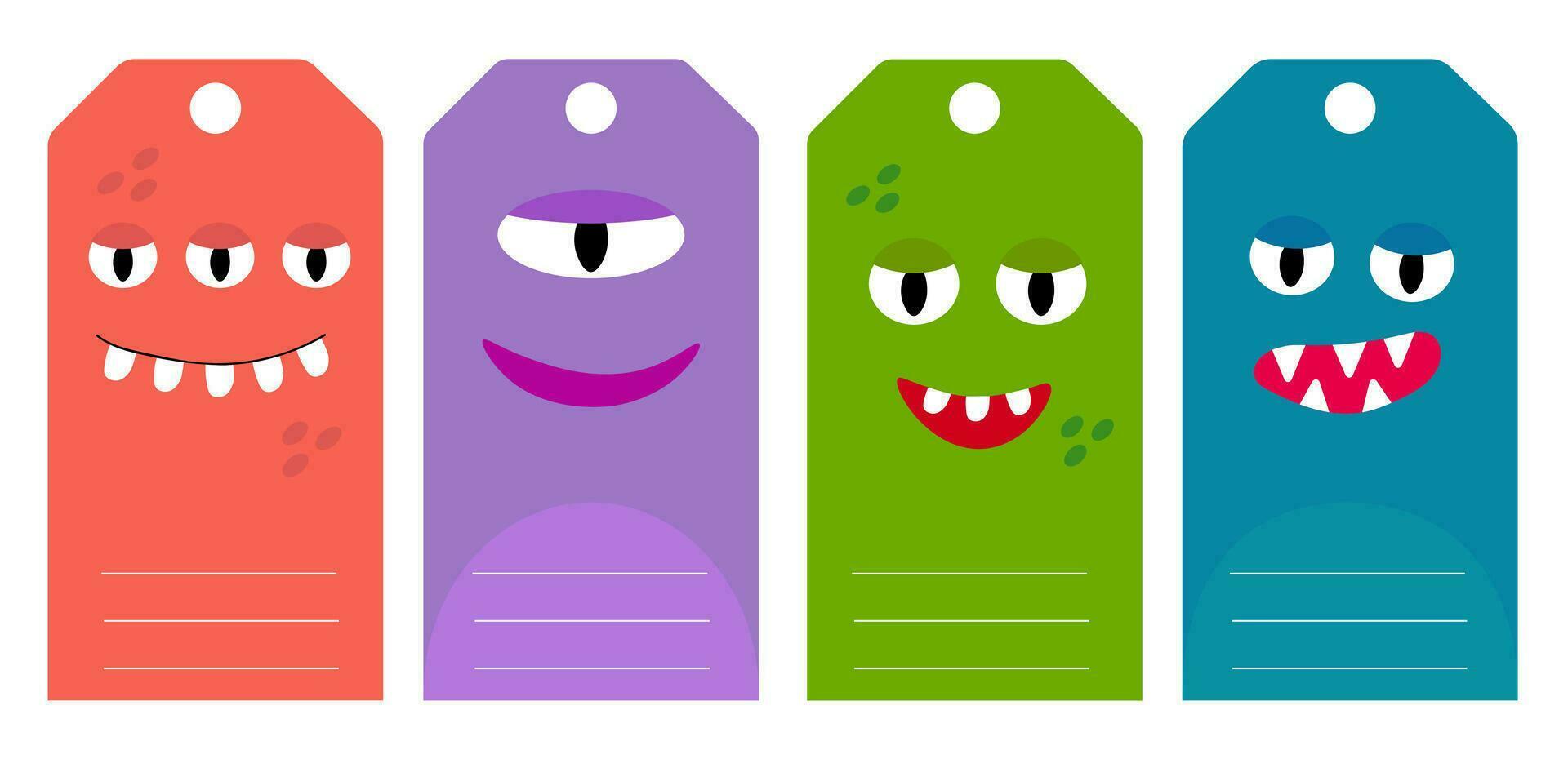 Gift tags with funny cartoon monsters. Some blank space for your text included. Vector flat illustration