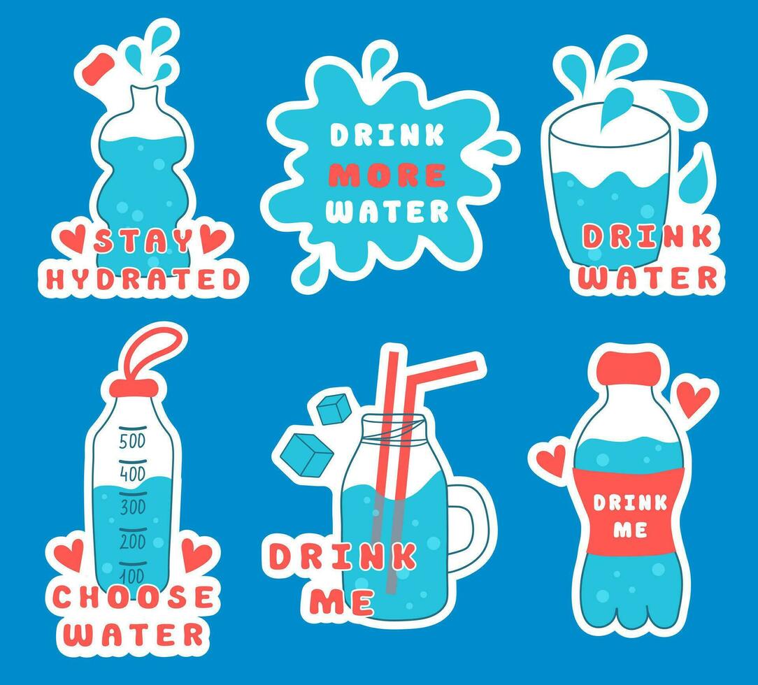 bebida más agua pegatina colocar. deporte botellas, lentes recopilación. vector plano ilustración.