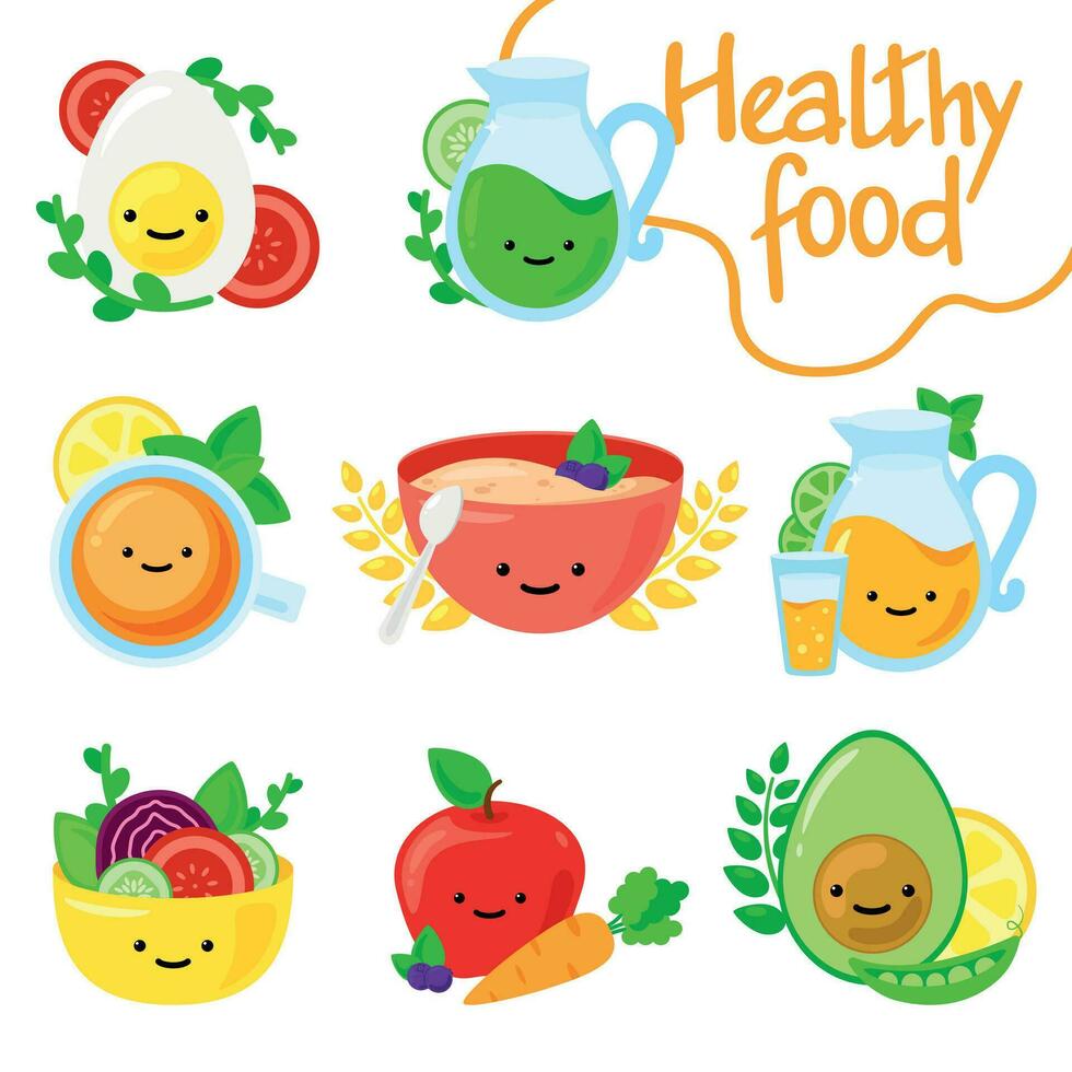 Vector color  icons with healthy breakfast.  Avocado, egg, fruit, apple juice, porridge, herbs. Image from several parts. Funny face. Cartoon style for kids. Bright colors.