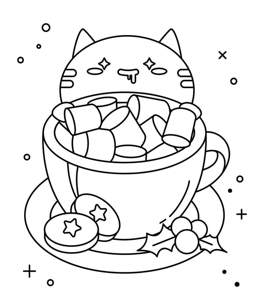 Vector no color simple illustration for coloring book. With a cute happy cat and cup with marshmallow. Ginger cookies and berries. Xmas mood. Isolated on a white background