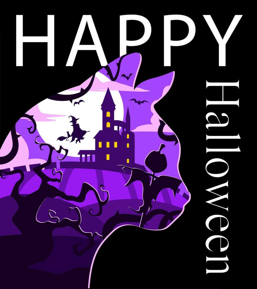 An invitation to the Halloween party. Vector illustration in the silhouette style. The shape of a cat's head. A spooky hooked tree, a scarecrow, a high dark castle and a witch with a cat. Purple color