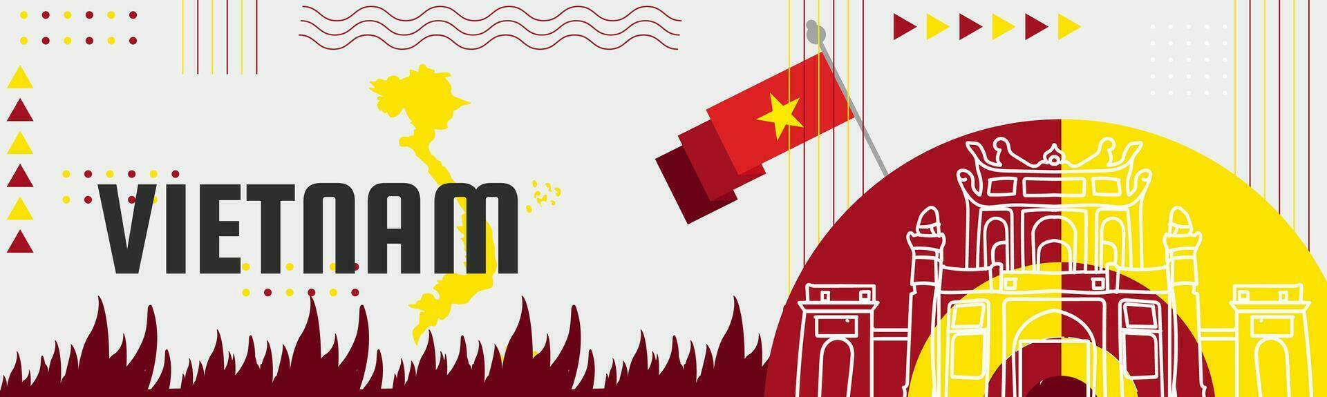 Vietnam Flag and map. National day or Independence day design for Vietnamese celebration. Modern retro banner design. Vector illustration