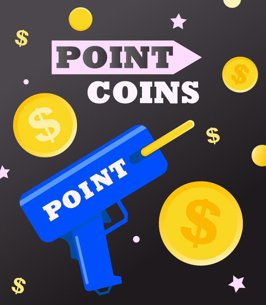 Money machine gun. Shoot the toy gun with coins. Cash, Coupon, Gold coin, Point, Dollar. Black Friday marketing event banner. vector