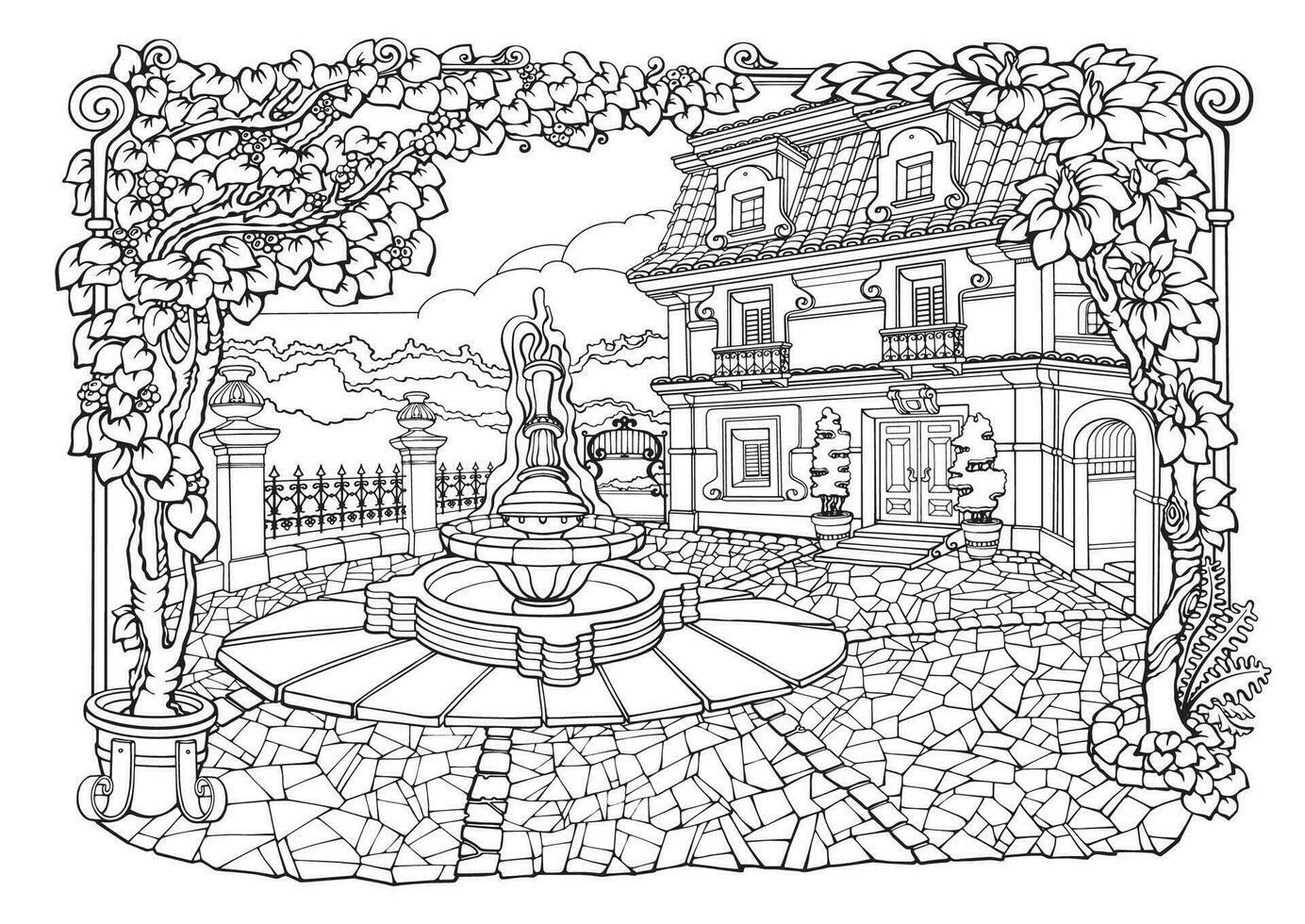 Romantic old town. Coloring Pages. Fantasy house, fountain, plants. Vector. vector