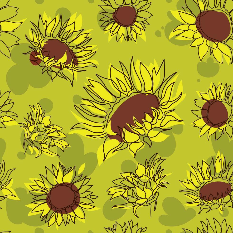 Sunflower Vector Pattern on green background.Seamless pattern with sunflower and daisy flower. Hand Drawn floral print for Textile, Wrapping Paper, Wallpaper, Greeting Card.