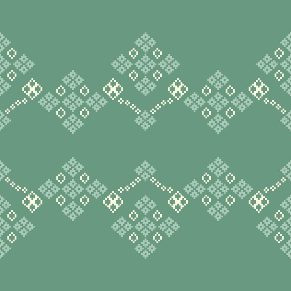 Ethnic geometric fabric pattern Cross Stitch.Ikat embroidery Ethnic oriental Pixel pattern green gray background. Abstract,vector,illustration. Texture,clothing,frame,decoration,motifs,silk wallpaper. vector