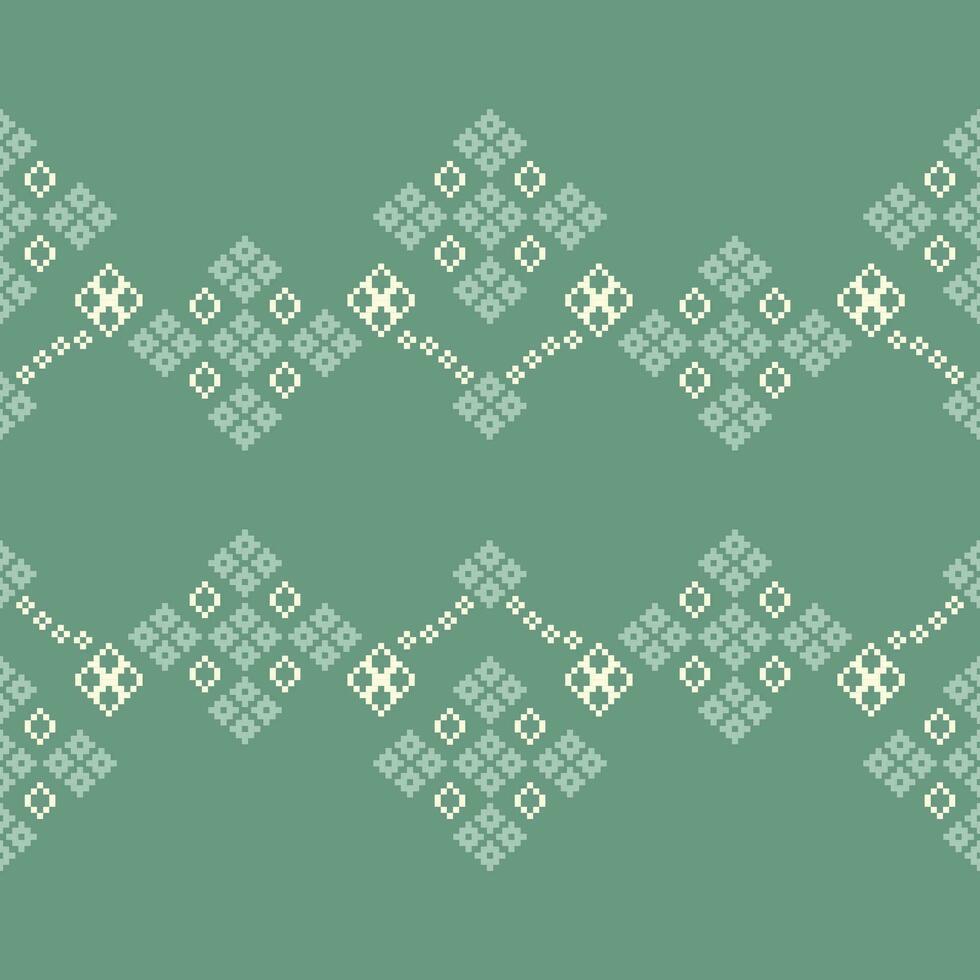 Ethnic geometric fabric pattern Cross Stitch.Ikat embroidery Ethnic oriental Pixel pattern green gray background. Abstract,vector,illustration. Texture,clothing,frame,decoration,motifs,silk wallpaper. vector