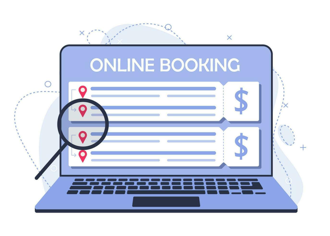 Online booking. The concept of buying tickets on the website using a laptop vector