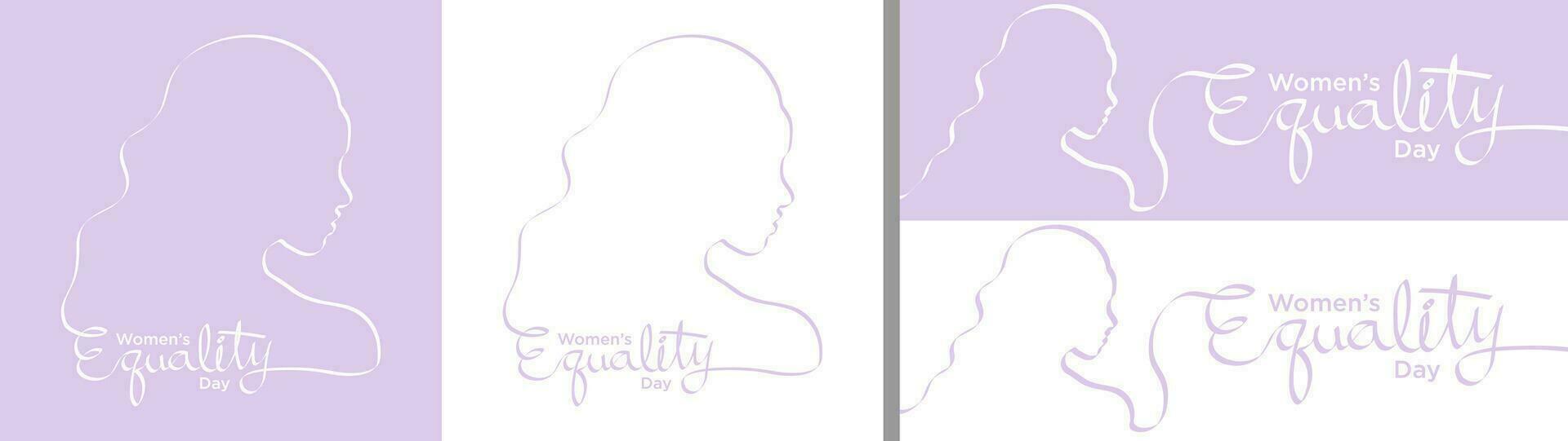 Women's Equality Day Greeting Card and Banner Set on blue and white background. Calligraphy and women's silhouette in brush. Celebrated on August 26.  Vector Illustration. EPS 10