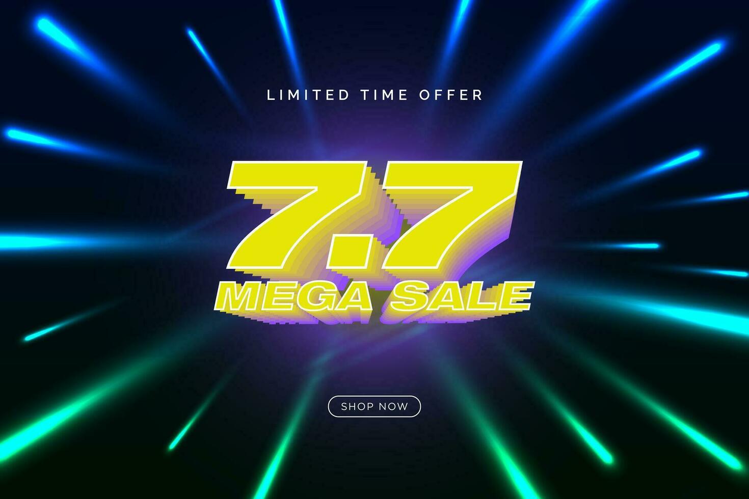 7.7 Mega Sale Banner with neon glowing laser light beams and shop now CTA button. Vector Illustration. EPS 10.