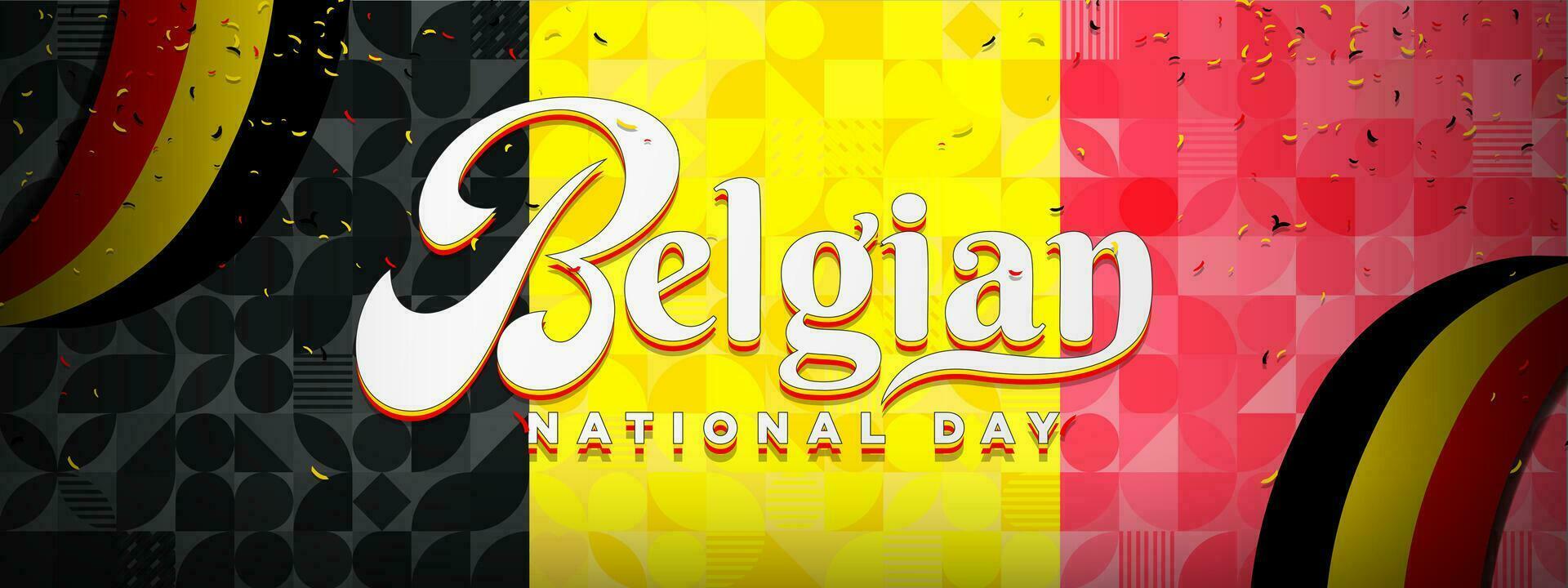 Belgian National Day Greeting Banner. Belgian Flag ribbons and Belgium flag colored confetti. Geometric Belgium Flag Abstract Background Design. Vector Illustration. EPS 10.