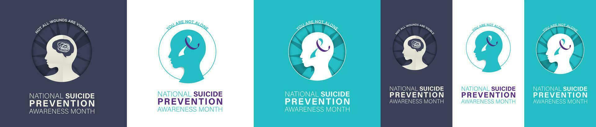 Set of National Suicide Prevention Awareness Month Greeting Cards and Story posters. Head and awareness ribbon concept. Editable Vector Illustration. EPS 10.