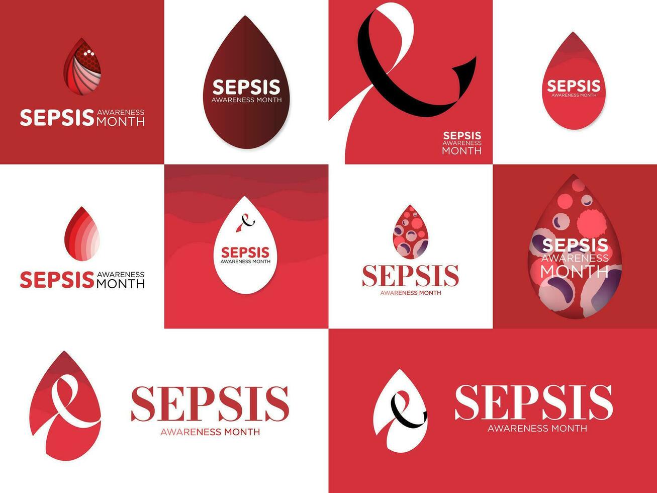 Mega Set of Sepsis Awareness Month Greeting Cards and Banners. Blood cell and awareness ribbon concept. Editable Vector Illustration. EPS 10.