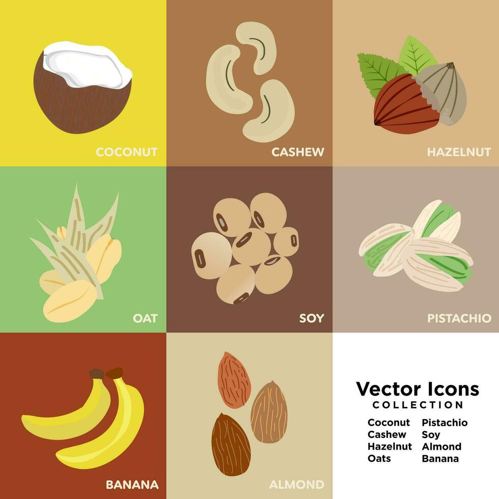 Set of Healthy fruit and nuts Vector Icons isolated on white background. Coconut, cashew, hazelnut, oats, pistachio, soy, almond, banana. Sources of healthy dairy-free milk sources. EPS 10.